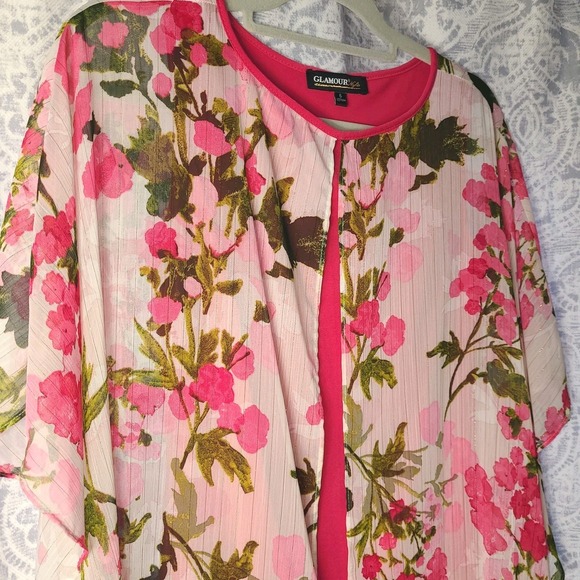 Glamour Nights Pink Floral Overlay Dress Sz 6 Chiffon Gold Shimmer Midi Unique - Picture 2 of 5